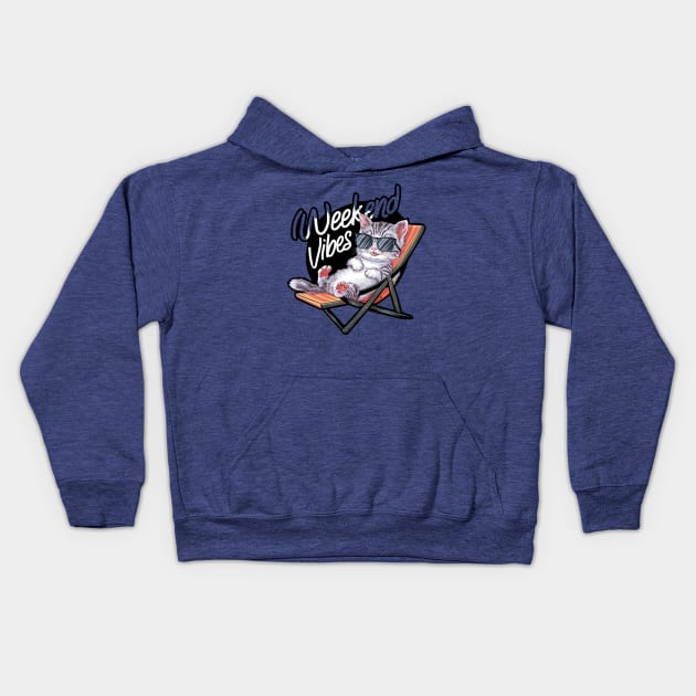 One design features a cool and comfortable kitten wearing sunglasses, casually lounging on a beach chair. (4) Kids Hoodie by YolandaRoberts